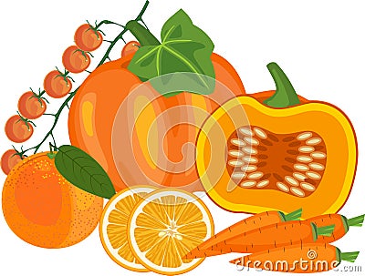 Composition of different orange vegetables and fruits Vector Illustration