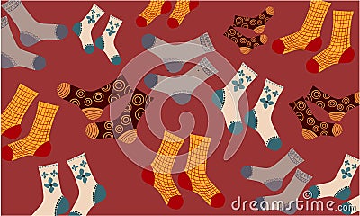 Composition of different pairs of socks with various patterns and drawings Vector Illustration