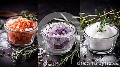 Composition with different salt and herbs on light background, closeup, generative ai Stock Photo