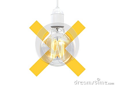 Edison`s light bulb on and off. Incandescent lamp crossed out crosswise. Isolated on white background. Creative conceptual illustr Cartoon Illustration