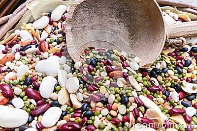 Composition of different types of legumes. Chickpeas, red lentil Stock Photo