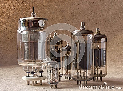 Composition of different vintage electronic vacuum tubes. Stock Photo