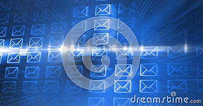 Composition of digital mail envelopes on glowing blue background Stock Photo