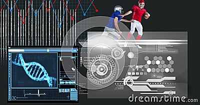 Composition of dna strand and data processing over american football players Stock Photo