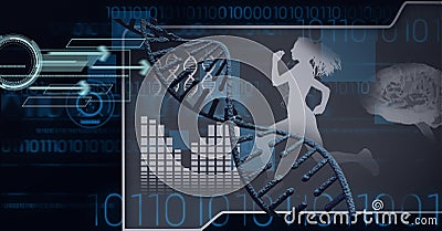 Composition of dna strand and scientific digital icons with binary coding on screen Stock Photo