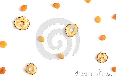 Composition of dried fruit pattern. Pieces of apples, apricots. Stock Photo