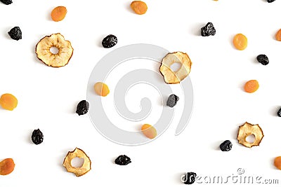 Composition of dried fruit pattern. Pieces of apples, apricots, plums. Stock Photo