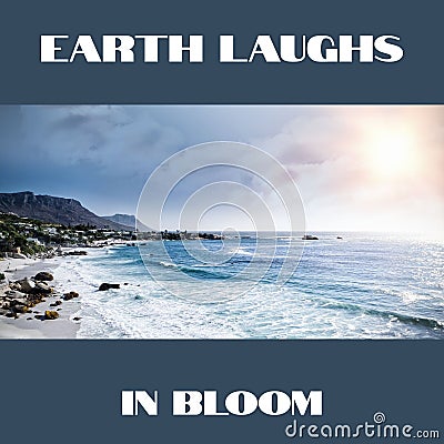 Composition of earth laughs in bloom text over seaside Stock Photo