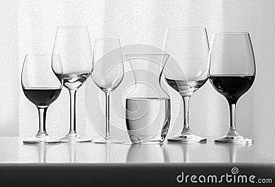 Composition of empty different types of wine glasses in shape and size on a white background. Oil painting. AI generated Stock Photo