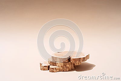 Composition empty podium material tree stone dry flowers. Product presentation. Background beige. Beautiful background Stock Photo