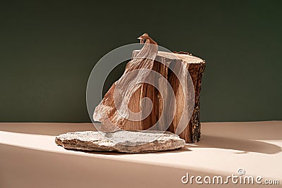 Composition empty podium material tree stone dry flowers. Product presentation. Background beige green. Beautiful Stock Photo
