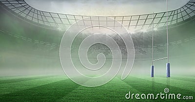Composition of empty rugby stadium with lights and clouds Stock Photo