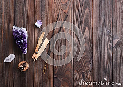 Composition of esoteric objects used for healing, meditation, relaxation and purifying. Stock Photo