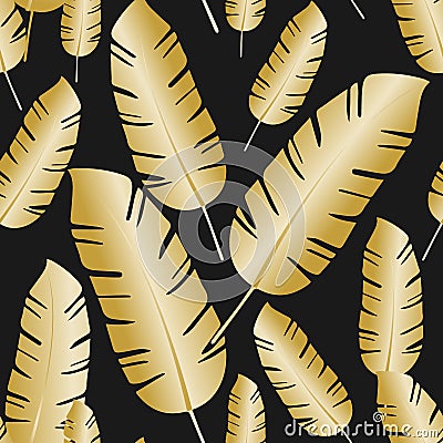 Composition of exotic gold palm banana leaf on a black background. Vector Illustration