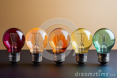 Composition featuring five colorful lightbulbs elegantly arranged on a tabletop. Stock Photo