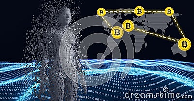 Composition of female digital model over network of bitcoin icons and binary coding processing Stock Photo