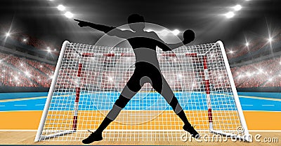Composition of female handball player over sports stadium Stock Photo
