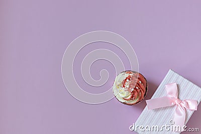 Composition with festive cupcake with pink cream and gift box on pink background. Natural light. Stock Photo