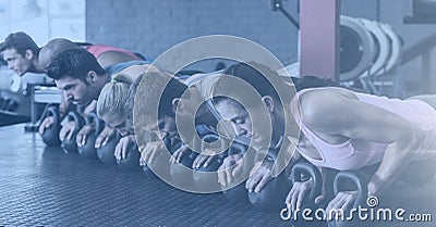Composition of fit men and women doing push ups on kettlebells in gym Stock Photo