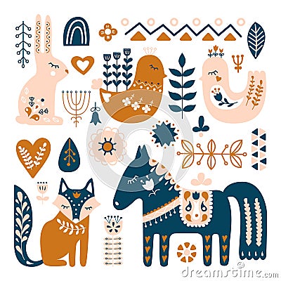 Composition with Folk art animals and decorative elements. Vector Illustration