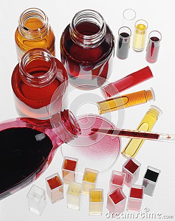 Composition of food coloring liquids Stock Photo