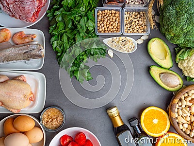 Composition with food contains coenzyme Q10, antioxidant, produce energy to cell, products against free radicals, and supports Stock Photo