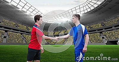 Composition of football captains shaking hands over sports stadium Stock Photo