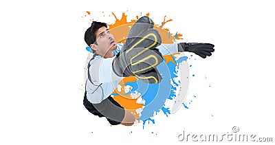 Composition of football goalkeeper over splodges and white background Stock Photo