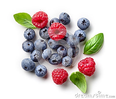 Composition of fresh berries and green leaves Stock Photo