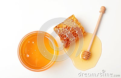 Composition with fresh honey on white background Stock Photo