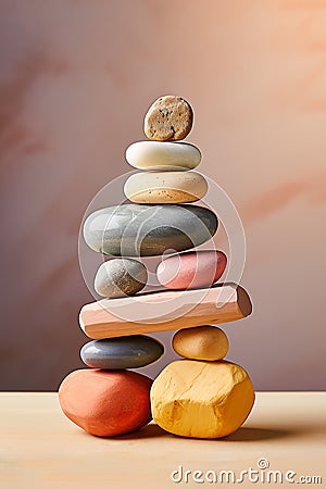 Composition of geometric wooden balancing stones. Concept of balance, eco friendly. Stock Photo