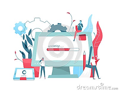 Composition with giant computer display and tablet PC with progress bar on screen and tiny people. System update or Vector Illustration