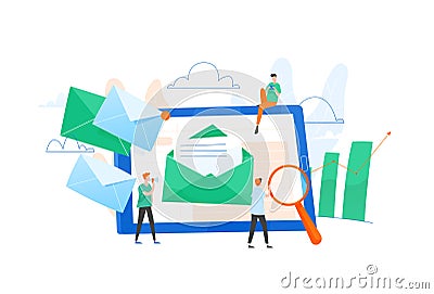 Composition with giant tablet PC, letter in envelope on screen, group of working people or team of marketers. Email Vector Illustration