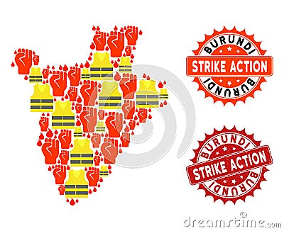 Composition of Gilet Jaunes Protest Map of Burundi and Strike Action Stamps Vector Illustration