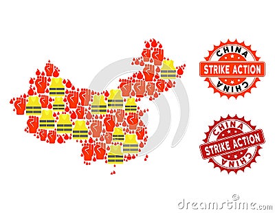 Composition of Gilet Jaunes Protest Map of China and Strike Action Stamps Vector Illustration