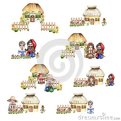 Composition of girl and boy gnome in national ukrainian costume ,country houses and flowers. Design for baby shower party, Stock Photo