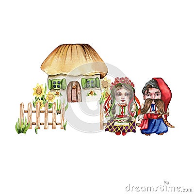 Composition of girl and boy gnome in national ukrainian costume ,country houses and flowers. Design for baby shower party, Stock Photo