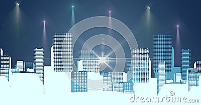 Composition of glowing spots of light over cityscape at night Stock Photo