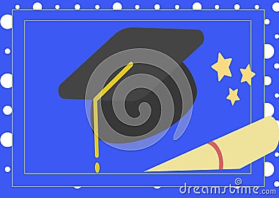 Composition of graduation hat and stars in frame on blue background Stock Photo