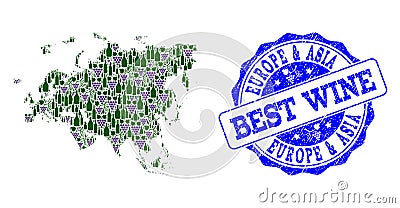 Composition of Grape Wine Map of Europe and Asia and Best Wine Stamp Vector Illustration