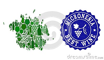 Composition of Grape Wine Map of Micronesia Island and Best Wine Grunge Stamp Vector Illustration
