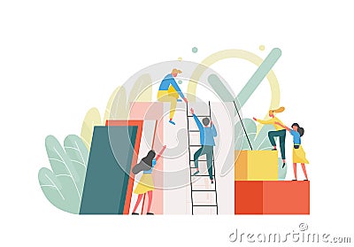 Composition with group of managers, employees or office workers climbing up together and supporting each other. Concept Vector Illustration