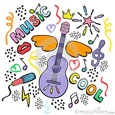 Composition with guitar, wings and musical signs. Hand drawing . Color vector doodling. Vector Illustration