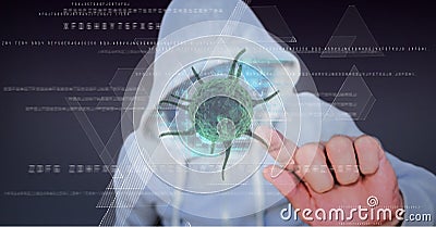 Composition of hacker touching covid 19 virus cell and data processing Stock Photo