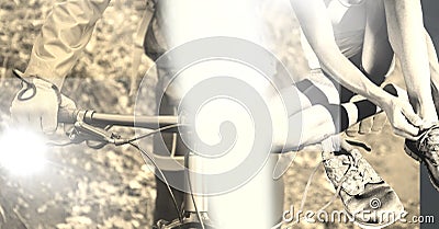 Composition of hand on bike handlebars with overexposure and person putting on shoe in sepia tone Stock Photo