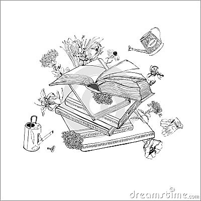 Composition of hand drawn monochrome sketch with books, summer flowers, watering cans and gloves for green press. Vector Illustration