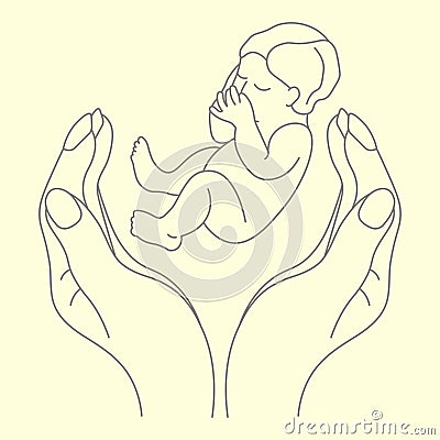 composition with hands and baby pregnancy and motherhood lines vector Vector Illustration