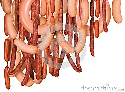 Composition of hanging sausage of different varieties, sausages, dry sausage, hunting sausages Stock Photo