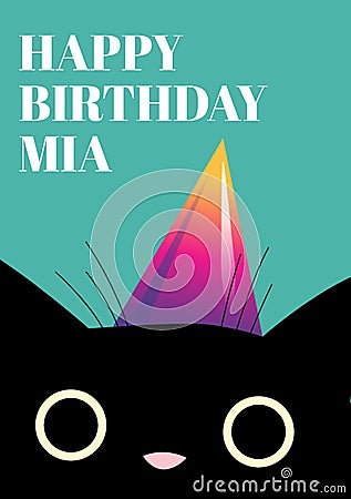 Composition of happy birthday mia text with cat on green background Stock Photo