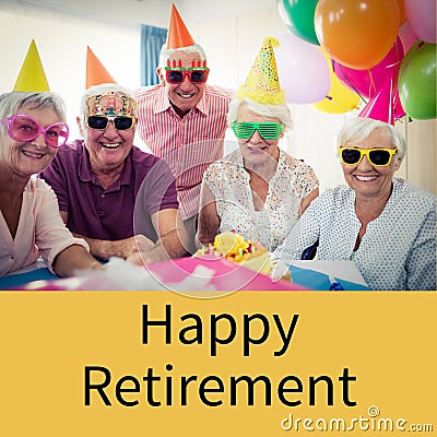 Composition of happy retirement text over senior caucasian people in party hats Stock Photo